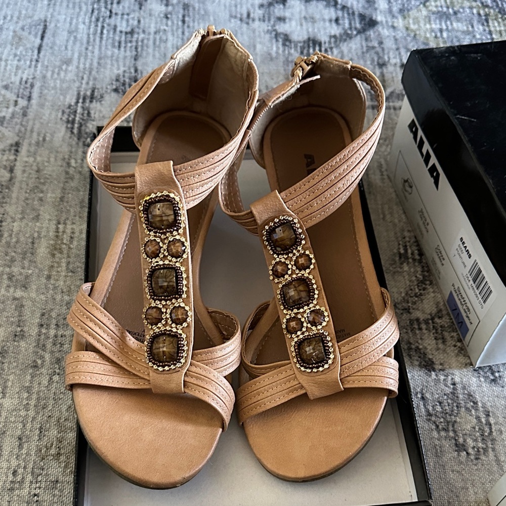 Alia Tan Sandals with Gem Accents
